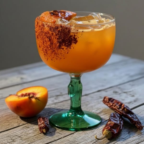 Orange cocktail in a green-stemmed glass with chili powder rim, peach slice, and dried chilies.