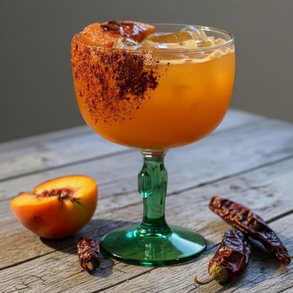 Orange cocktail in a green-stemmed glass with chili powder rim, peach slice, and dried chilies.